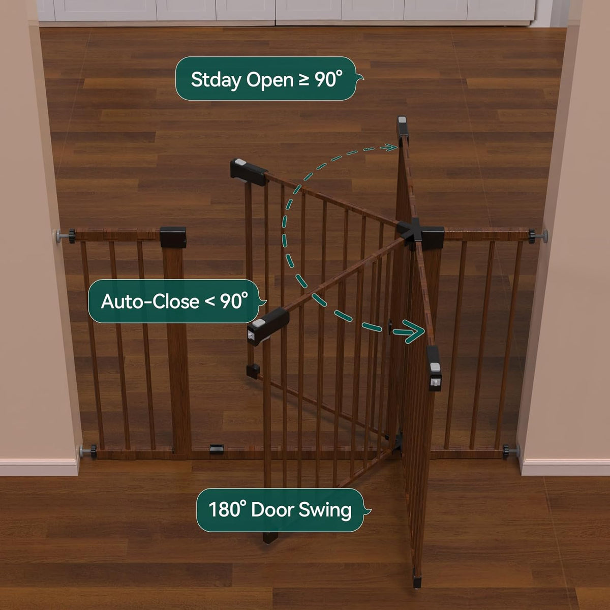 BABELIO Baby Gate with Black Wood Pattern, 29-48 Inch Auto Close Dog Gate for The House, Stairs and Doorways, Pressure Mounted Pet Gate with Door and Y Spindle Rods