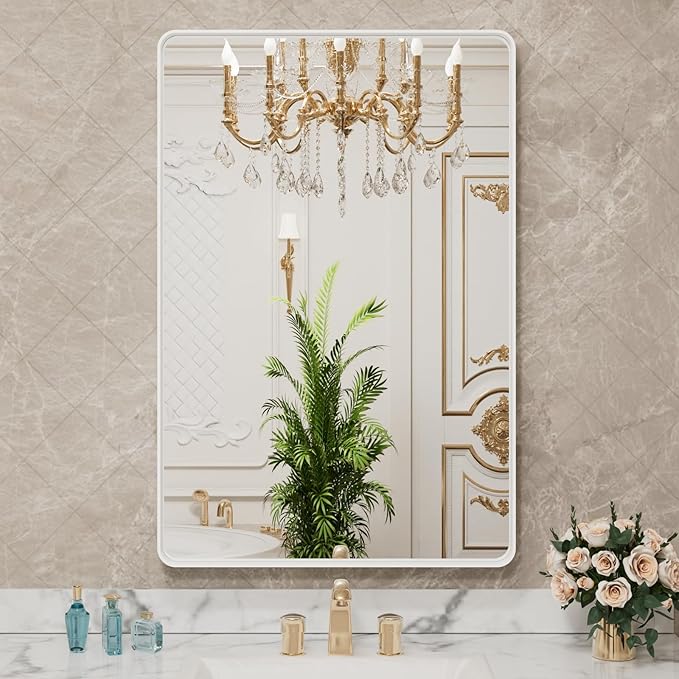 LOAAO 20x30 Inch White Metal Framed Bathroom Mirror