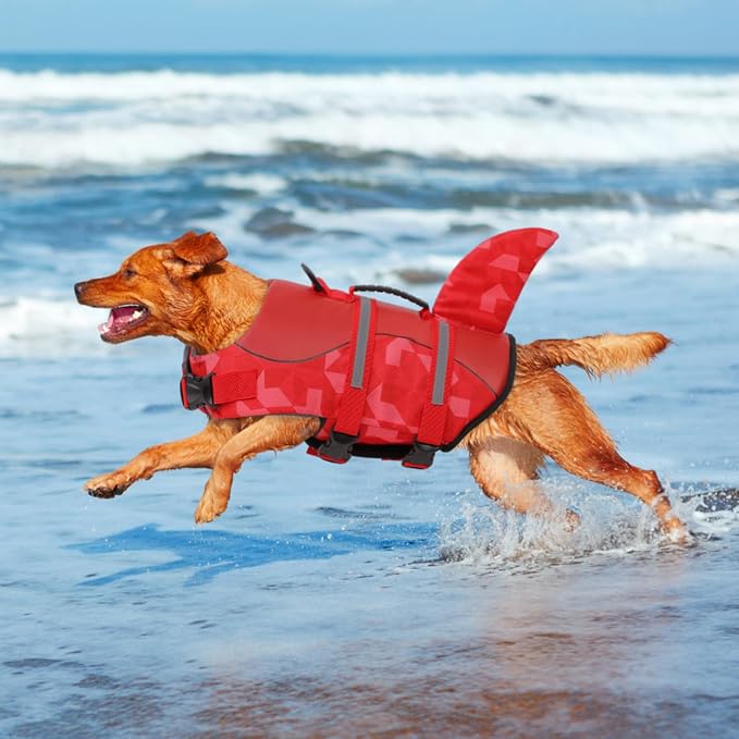 Shark Dog Life Jacket, LifeVests for Boating, High Buoyant Dog Life Vest for Swimming, Adjustable Easy On Pet Jackets for Small, Medium, Large Dogs (Red Triangle,L)