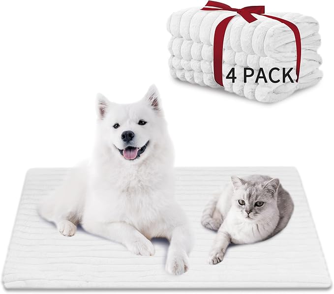 NWK Pack of 4 Fluffy Self Warming Cat Mat, Cat Blanket, Thermal Dog Mat, Washable, Non-Slip Bottom for Sofa & Crate & Kennel & Car Seat (Creamy White, X-Large (43.5'' X 27.5'' X 0.7''))