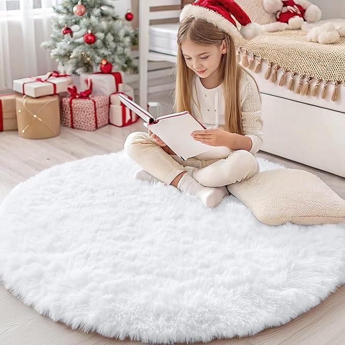 OLANLY White Round Rugs for Bedroom - Machine Washable, 4 ft Circle Area Rugs for Living Room, Soft and Fluffy Shaggy Carpet for Teen Girls and Boys, Nursery Rooms, Dorms, Home Decor Aesthetic