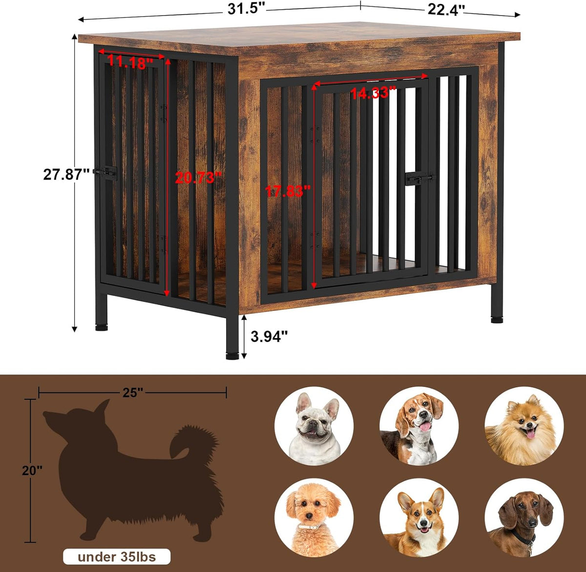 EasyCom 31.5" Small Dog Crate Furniture, Chew-Resistant Dog Crates for Small and Medium Dogs, Dog Kennel Furniture Indoor with 2 Doors and 3.94" Raised Feet, as TV Stand, End Table, Crate Table