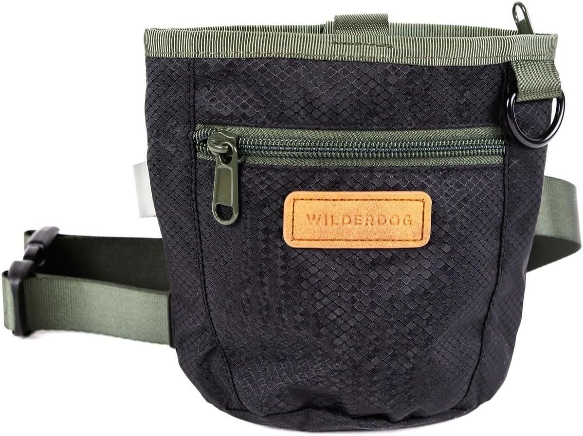 Wilderdog Dog Training Treat Pouch with Magnetic and Zipper Closure, Carabiner Attached, Adjustable Waist Strap - Black