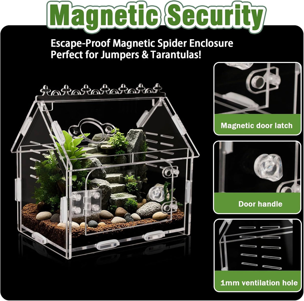 Magnetic Acrylic Terrarium Kit - 5.9"x3.9"x5.1" Jumping Spider Enclosure/Tarantula Cage with Secure Magnetic Latches, Ventilation & Escape-Proof Design - Reptile/Chameleon/Mantis Habitat