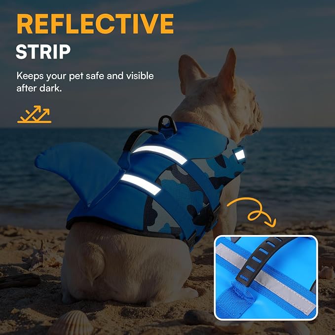 Dog Life Jacket Ripstop Dog Shark Safety Vest Adjustable Preserver with High Buoyancy and Durable Rescue Handle for Small,Medium,Large Dogs, Blue Camouflage Large