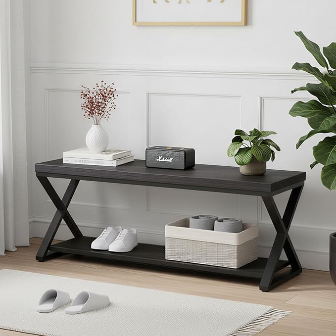 IBF Black Bench, Modern Entryway Bench for Bedroom, Wood Metal Storage Hallway Bench for Dining Living Room, Farmhouse Shoe Rack Indoor Accent Seating Bench for Foyer Entrance, Black Oak, 47 Inch Long