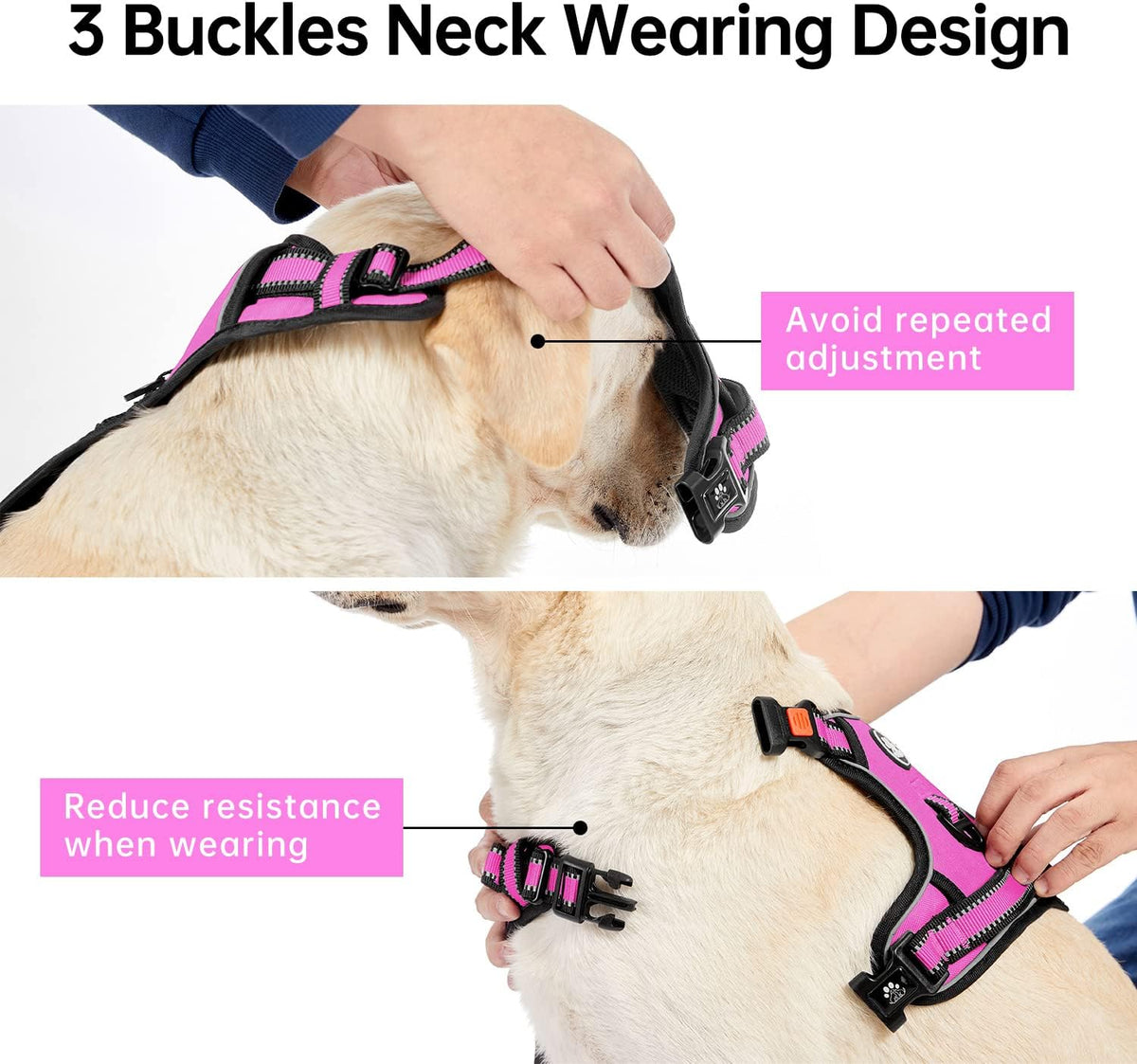 IVY&LANE No Pull Dog Harness for Large Dogs, Dog Vest Harness with Leash, Safety Belt and Storage Strap, Fully Adjustable Harness, 360° Reflective Strip, Soft Handle (Fuchsia Pink, L)