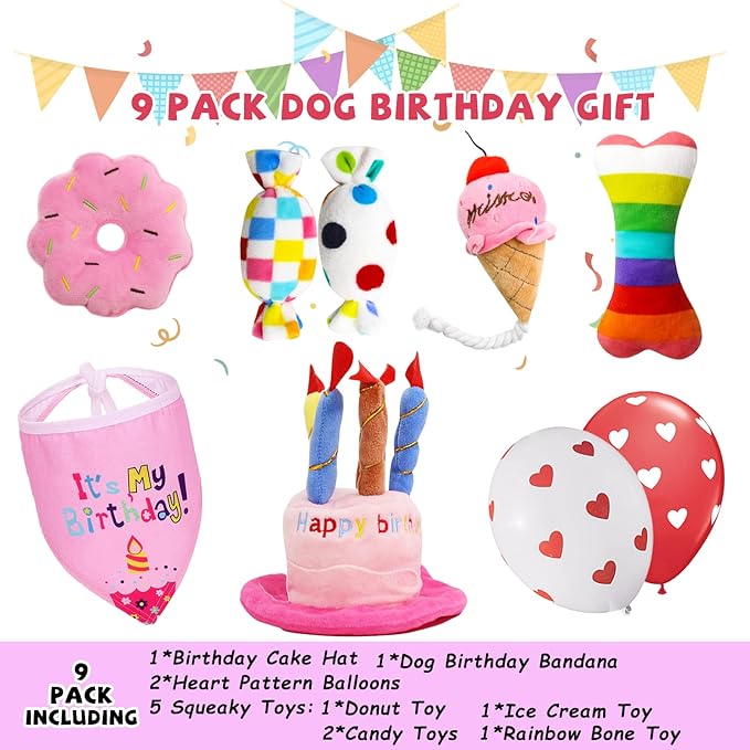 Dog Birthday Toys Girl, Squeaky Plush Birthday Cake Hat Bandana, Birthday Gifts for Small & Medium Dog, 9 Pack Pink