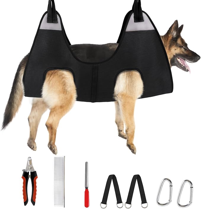 Supet Dog Grooming Hammock Harness for Dogs Cats, Relaxation Pet Nail Clipper Hammock, Restraint Dog & Large Animal Leashes Sling for Groomingk for Nail Trimming (Black, XL)