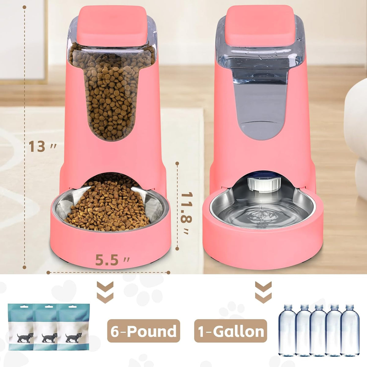 Automatic Cat Feeder and Water Dispenser with Stainless Steel Bowl Dog Gravity Food Feeder and Waterer for Small Medium Pets Puppy Kitten 1 Gallon x 2