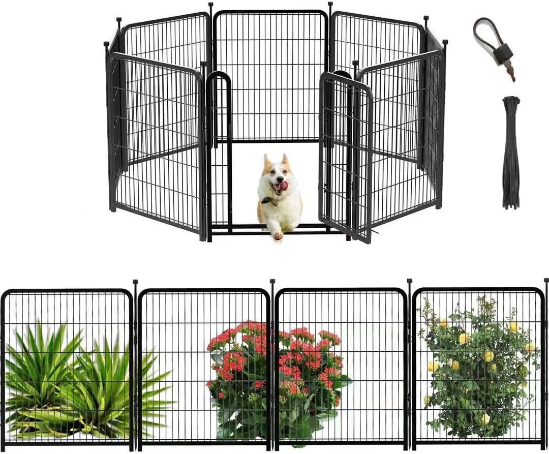 Tall Garden Fence, 32 in(H) 8 Panels Dog Fence Outdoor for Yard. Wide Door Low Threshold Total 17.7 Ft(L), Metal Dog Pen Heavy Duty Pet Puppy Exercise Pen for Rv Camping Garden Yard
