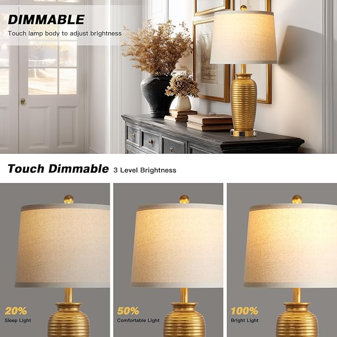 25" Retro Gold Farmhouse Jar Table Lamps Set of 2, 3 Way Touch Control Rustic Bedside Lamps with USB A+C Ports & AC Outlet, Pot Nightstand Lamps for Bedroom Living Room (LED Bulbs Included)