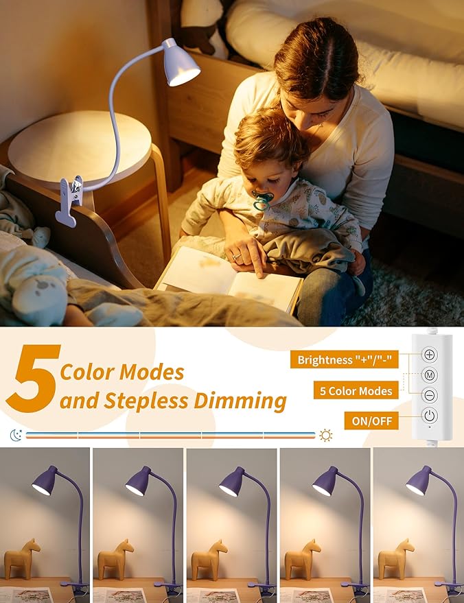 BOHON Desk Lamp with Clamp, 10W 38 LED Clip on Light, 5 Color 10 Brightness Auto Off Timer, Flexible Gooseneck Clip Lamp, Desk Lights for Office Home Bed Bedside Reading, Lilac Purple