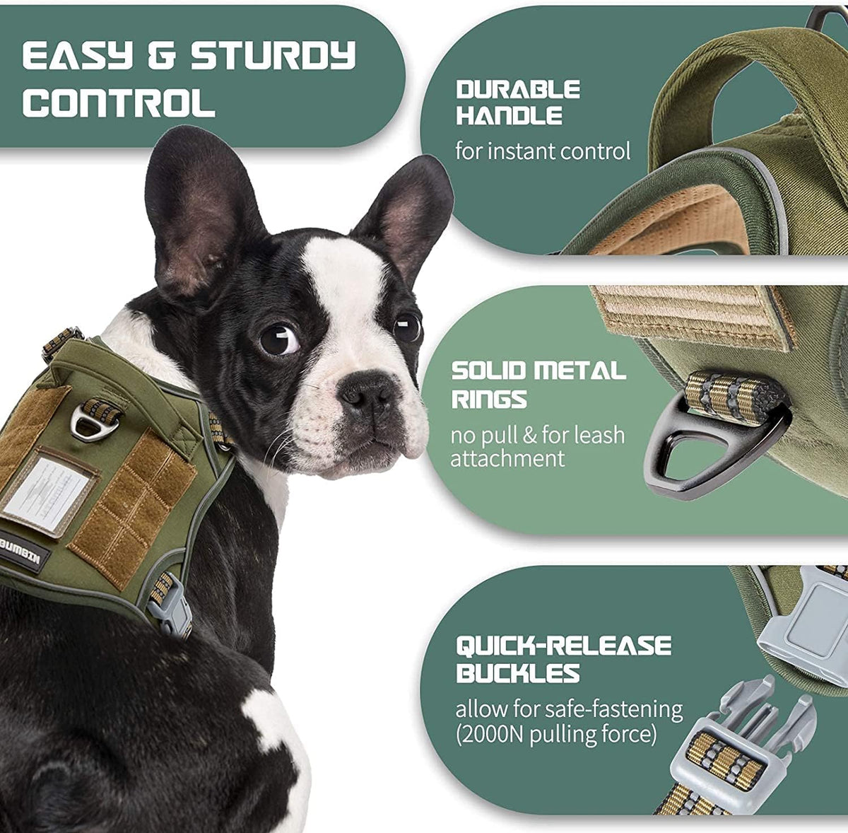 BUMBIN Tactical Dog Harness for Small Dogs No Pull, Famous TIK Tok No Pull Puppy Harness, Fit Smart Reflective Pet Walking Harness for Training, Adjustable Dog Vest Harness with Handle Green XS