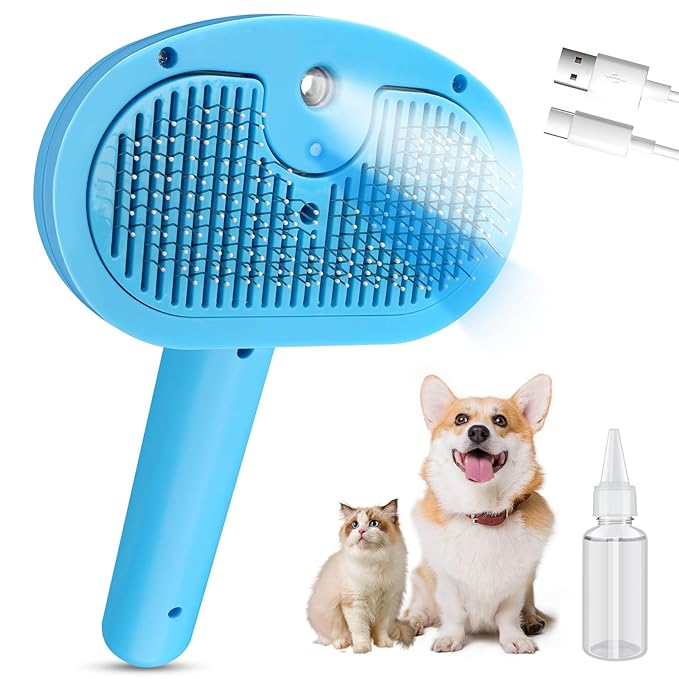 Pet Steam Brush for Dog,Gentle Cat & Dog Brush for Shedding Self-Cleaning Cat Brushes for Indoor Cats Spary Pet Hair Removal Tool for Massage,Grooming Dog Brush for Short&Long Haired Dogs Blue