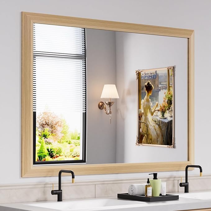 Amorho Bathroom Mirror, 50 X36 Inch Wall Mirror, Oak Wood Grain Metal Framed