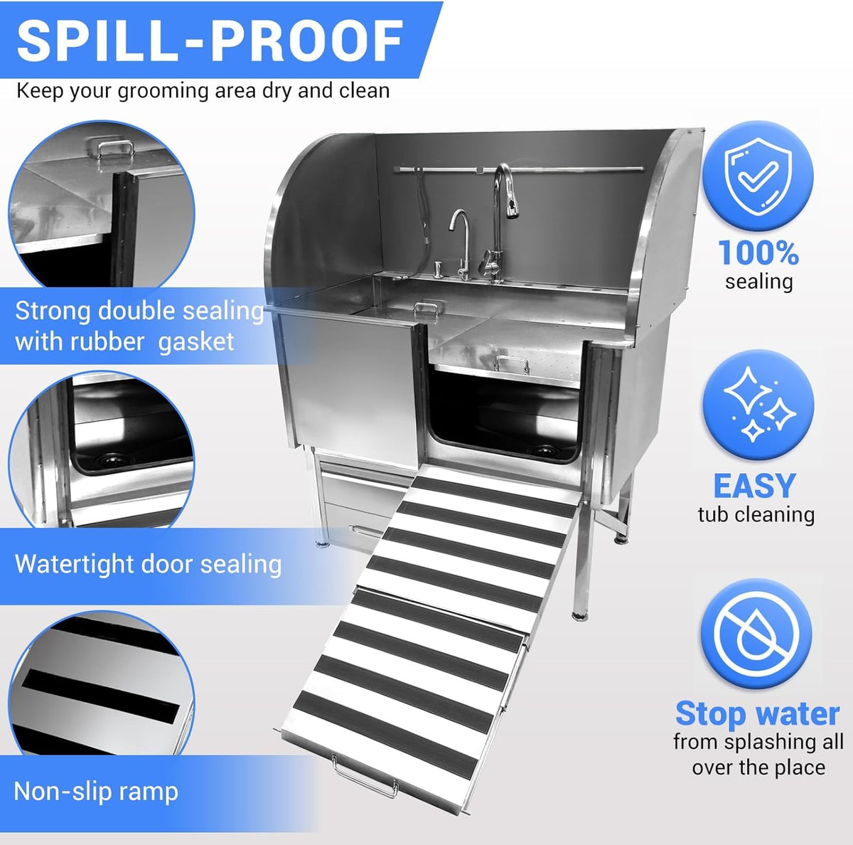 Professional Dog Grooming Tub, 50" Stainless Steel Dog Wash Station with Foldable Ramp, Storage Drawer, Floor Grate & Faucet/Dog Bathtub for Large, Medium & Small Pets - Right Door (50")