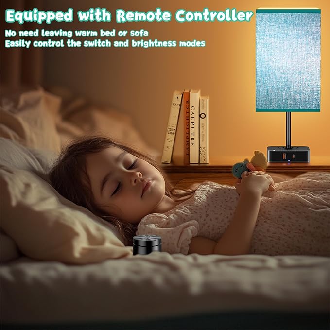 Nightstand Lamp & USB C+A Fast Charging Station: Modern Bedside Table Lamp with Remote & Touch Control, Warm Dimmable Light for Bedroom Nursery, Living Room End Tables, Home Office Desk | Green Shade