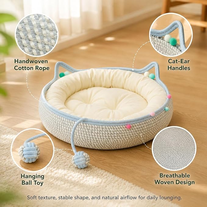 Handwoven Cotton Rope Cat Basket Bed with Hanging Ball Toy (Green, Large) | cat bed, woven cat basket, kitten bed, small dog bed, cat toy ball, all season pet bed, washable cat cushion