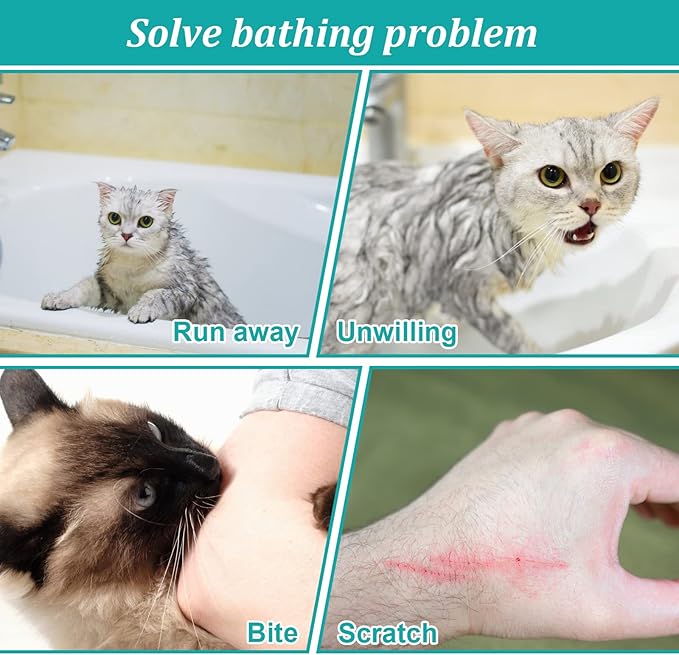Breathable Mesh Shower Bag - Anti Scratch Adjustable Grooming for Nail Trimming, Bathing - Polyester Soft Cat Washing (White-Green)