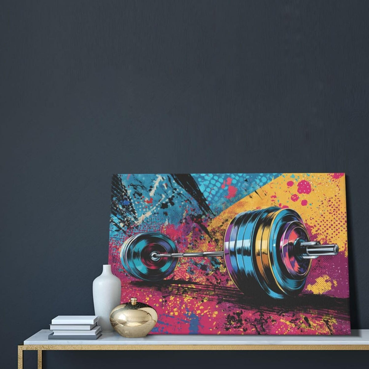 Gym Wall Art Weightlifting Fitness Canvas Wall Decor Barbell Sports Training Pictures Painting Banksy Street Graffiti Print Artwork Framed Decorations Gifts for Sports Lovers Gym Living Room Bedroom 16"x24"