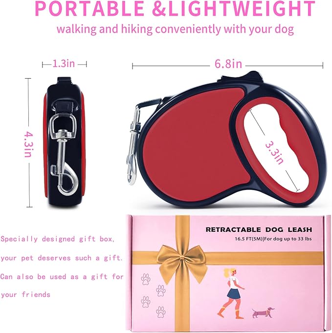 Retractable Dog Leash,[Strong Nylon Tape][One-Handed One Button Lock] for Small Medium Dogs and Cats,16ft Pet Walking Leash with 360°Tangle-Free Design,Anti-Slip Handle,Gift Package (Red)