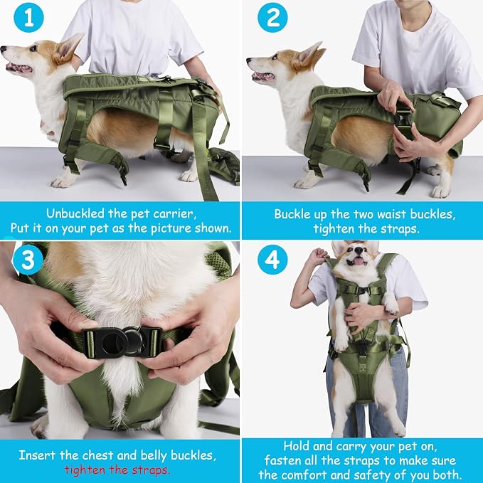 PetBonus Dog Front Carrier Backpacks, Legs Out Easy-fit Puppy Chest Carrier | Hands Free, Adjustable, Safety Strap, Walking Hiking Cycling Motorcycle bag, For Small Medium Dogs (Army Green, XL)