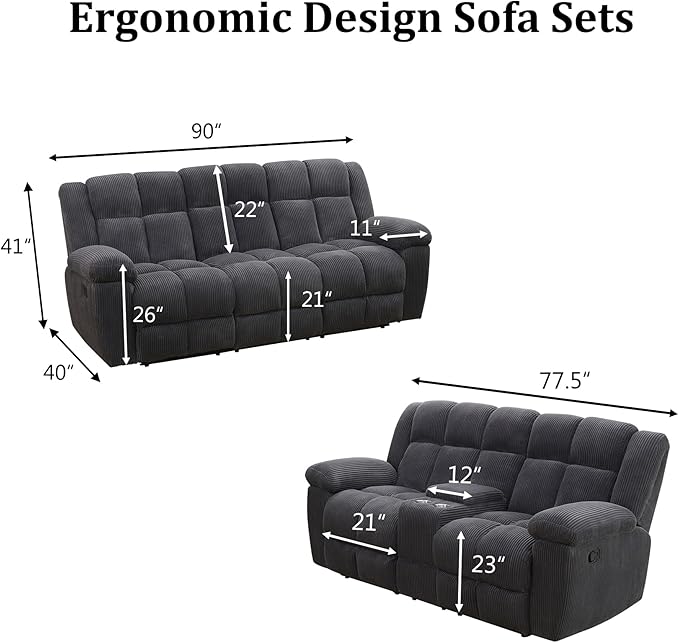 Manual Recliner Sofa Set,Fabric Reclining Couch Set,Modern Living Room Furniture Set,Reclining Sofa Couch Chair for Living Room Home Office (Dark Grey Upgraded Version, Sofa+Loveseat)