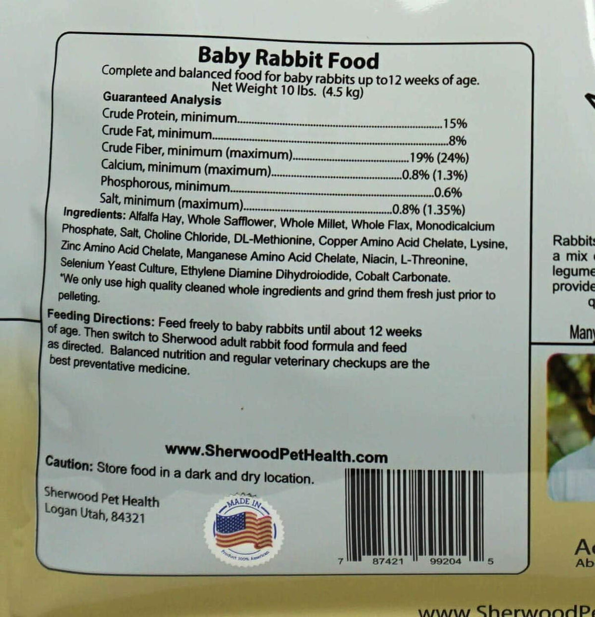 Sherwood Baby Rabbit Food. Hay-Based Pellet. No Wheat, Corn, or Soy for Better Digestion. 10 lbs