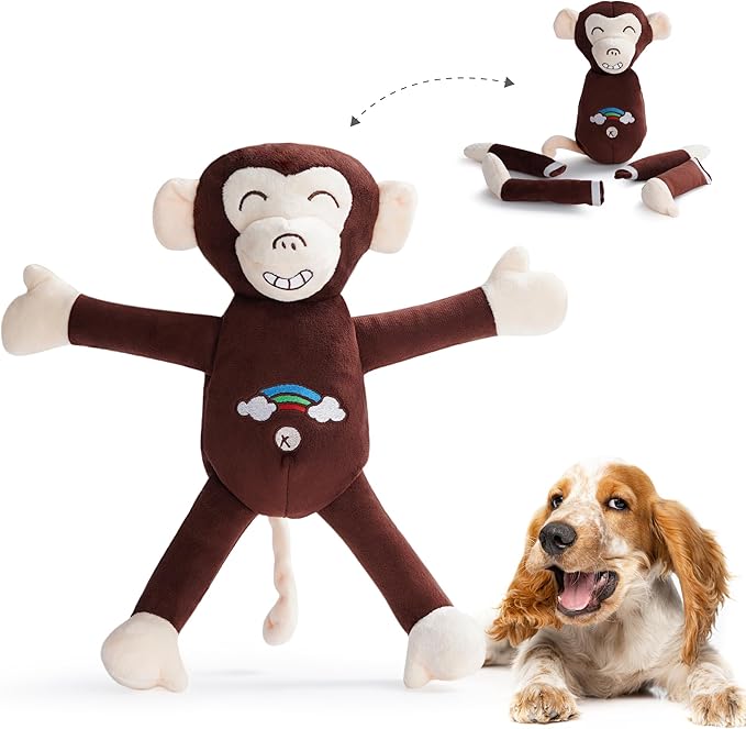 Nocciola Tearable Pull Rip Apart Monkey Dog Toy with Squeaker & Crinkle - Interactive Stuffed Plush Toy to Keep Dogs Busy, Pet Puzzle Enrichment Chew Toys for Small Medium Large Breeds