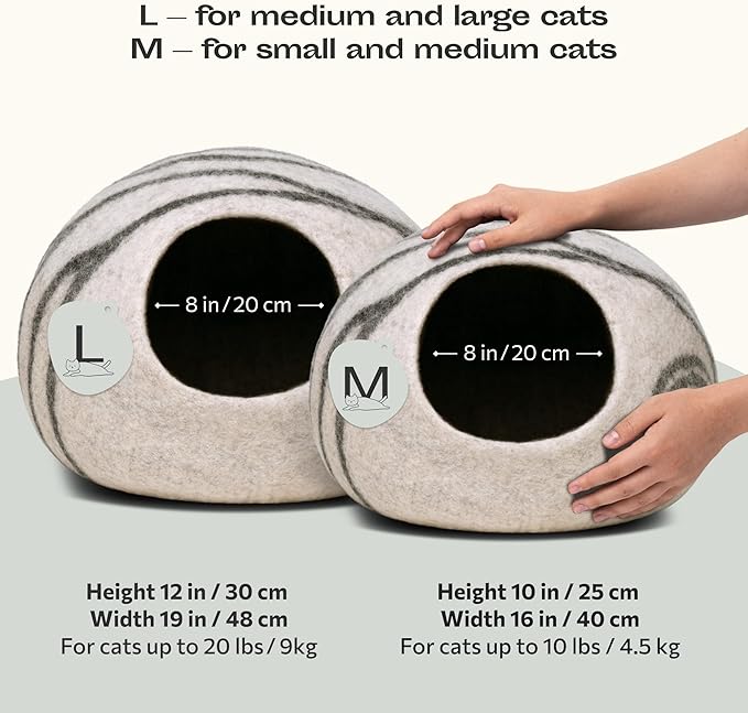MEOWFIA Cat Cave – Premium Felt Cat Bed for Indoor Cats, Handmade 100% Merino Wool (Light Grey, Large)