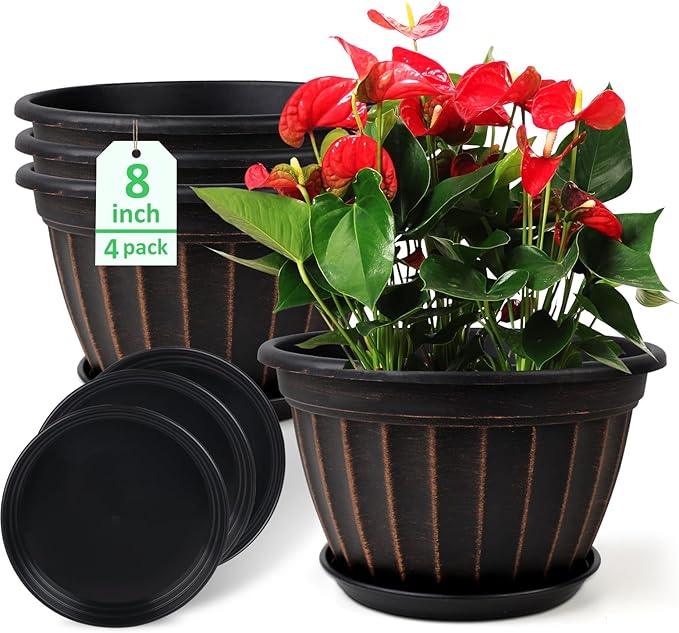 FGstyle 4 Pack Flower Pots,8 Inch Plants Pot,Planters Pot with Drainage Hole & Saucer,Modern Planters for Indoor Outdoor Plants,Decorative Resin Garden Pots for Outdoor Indoor Home Plants (Black)