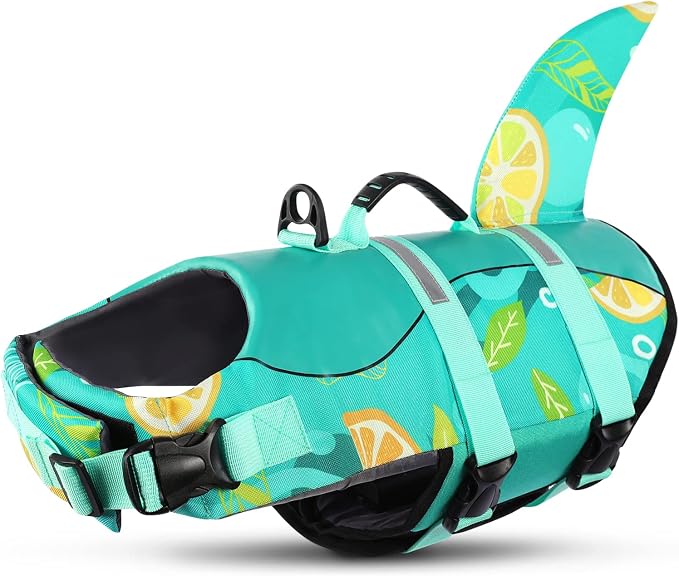 Dog Life Jacket With Rescue Handle - Swimming Vest, Shark-Themed, Adjustable Reflective Preserver for Small Dogs, Green Print XS