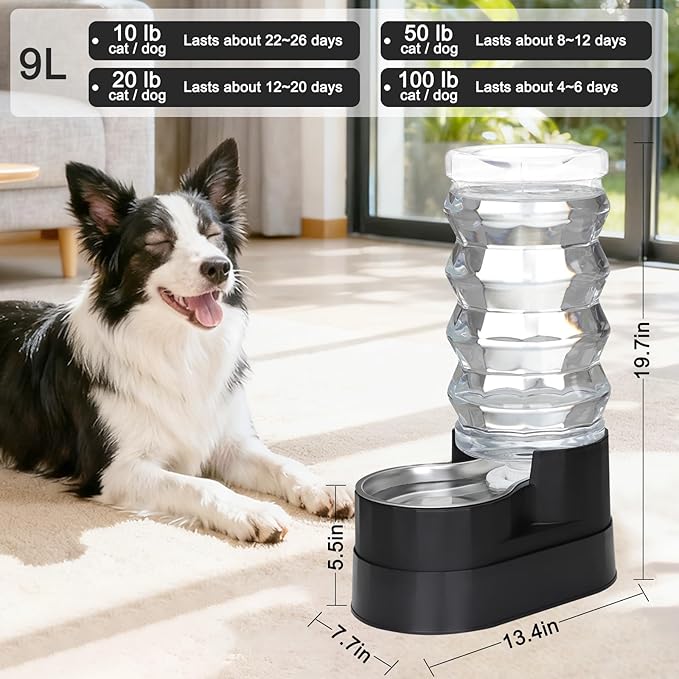 RIZZARI Automatic Dog Water Dispenser: 9L Black Elevated Feeder