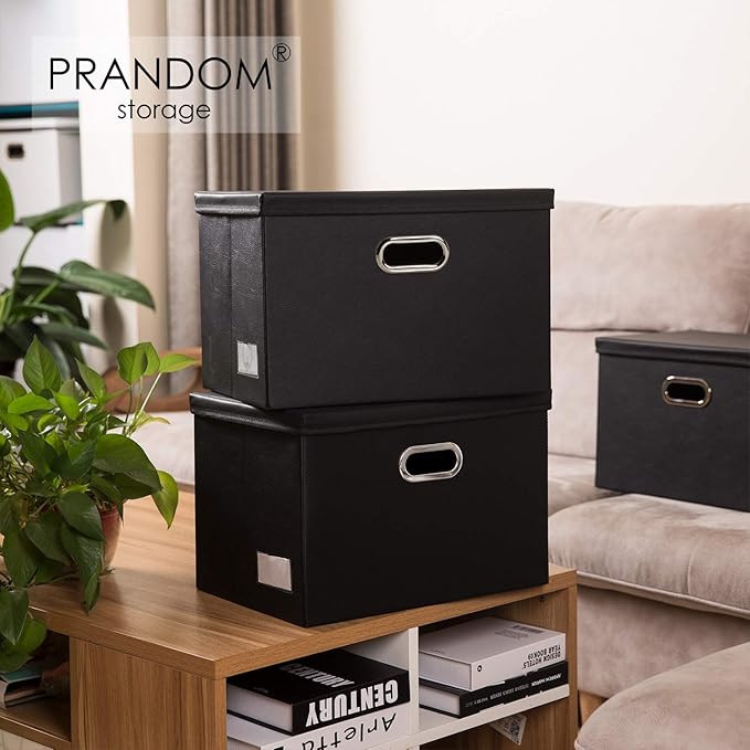 PRANDOM Large Foldable Storage Bins with Lids [3-Pack] Leather Fabric Collapsible Storage Boxes Organizer Containers Baskets Cube with Cover for Home Bedroom Closet Office Black(17.7x11.8x11.8)