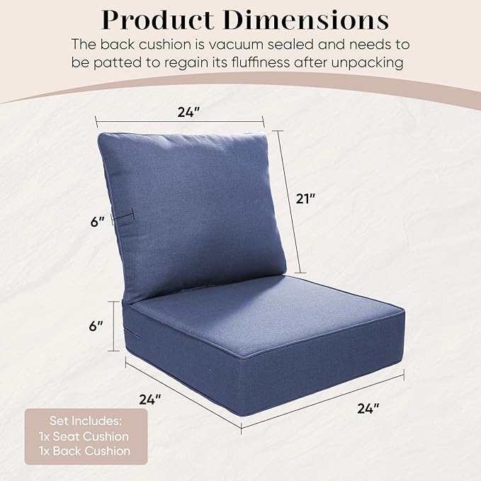 Luxury Outdoor Seat Cushion Set-24 x 24 x 6 Inch Outdoor Chair Cushions Set of 2 with Water Resistant & Removable Cover Outdoor Cushions for Patio Furniture Chair Sofa Couch
