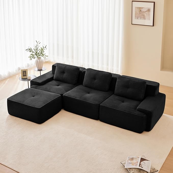 Black Ottoman for Modular Sectional Sofa, Corduroy Deep Seat for Oversized Compressed Boneless Sectional Couches for Living Room Bedroom Apartment, Cloud Sofa Couch Set, Memory Foam, No Assembly