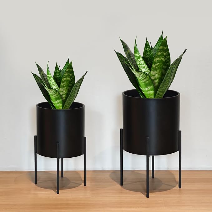 ARNIS Modern Plant Pots, Large Planters with Stand, Set of 2 Decorative Planters, Metal Plant Pots with Drainage Holes for Living Room, Office, Garden or Balcony, 10.5 &12.25 Inch, Black
