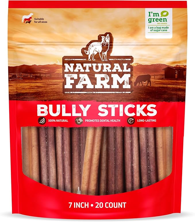 Natural Farm Odor-Free Bully Sticks, 7-Inch Long, 20 Count Bag, 100% Beef Pizzle Chew Treats for Medium & Large Dogs Dogs