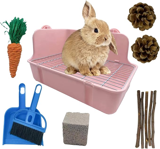 11Pcs Rabbit Litter Box Toilet,Bunny Corner Litter Bedding Plastic Square Grate Guinea Pig Bunny Ferret Hamster Hedgehog, Potty Trainer Bedding Box for Guinea Pig Ferret Hamster Hedgehog (Pink)