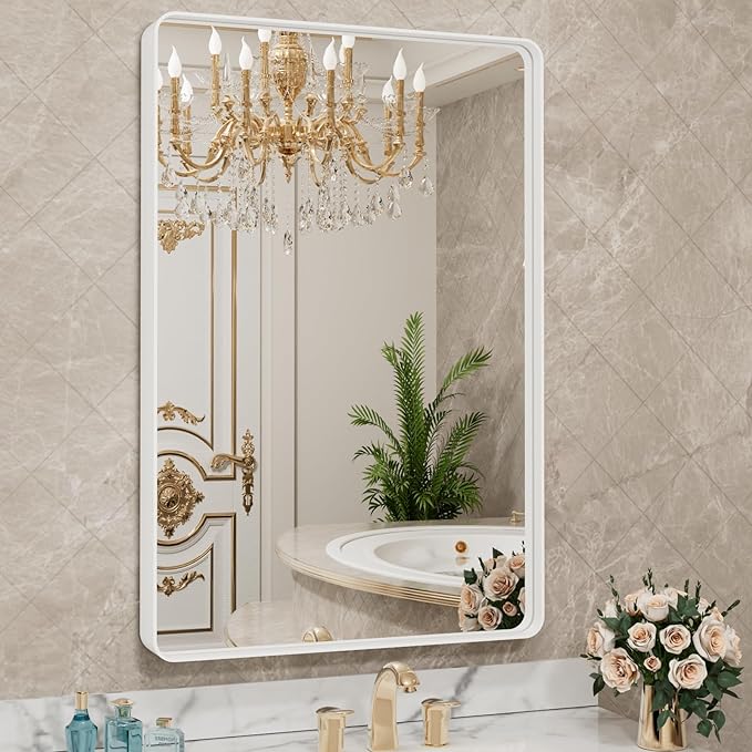 LOAAO 20x30 Inch White Metal Framed Bathroom Mirror