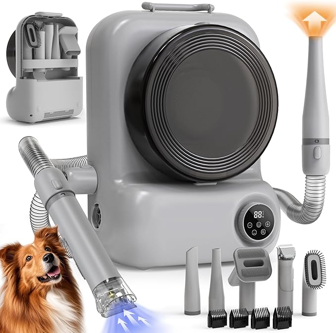 BONJELA Pet Grooming Vacuum and Dryer for Dogs with 3L Large Canister, Dog Grooming Vacuum Able to Store All Attachments, Powerful 15000Pa Suction Dog Vacuum for Shedding Grooming, Grey
