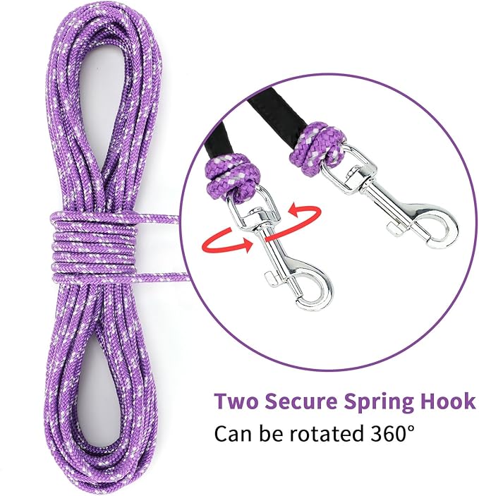 Rypet Reflective Cat Long Leash - 30 FT Escape Proof Walking Leads Yard Long Leash Durable Safe Personalized Extender Leashes Traning Play Outdoor for Kitten, Puppy, Rabbit and Small Animals(Purple-M)
