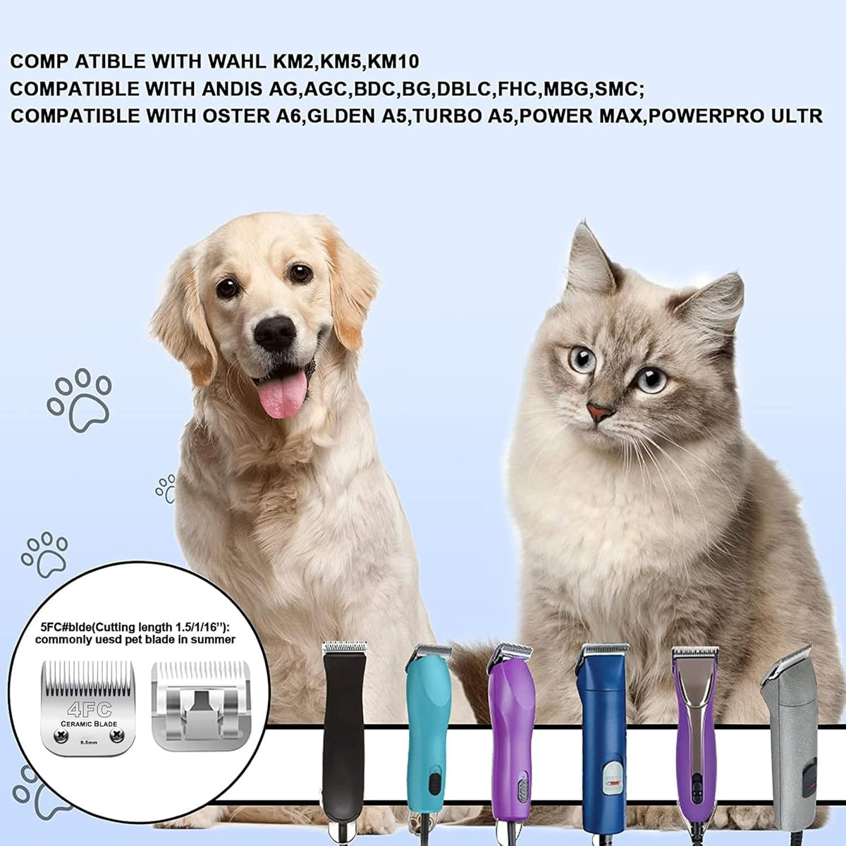 Audoc 4FC Blade Detachable Pet Clipper Replacement Blades, Ceramic and Stainless Steel, Compatible with Andis, Oster, and Wahl Clippers