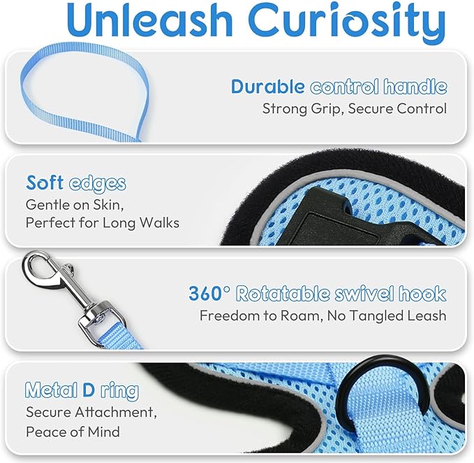 Dooradar Cat Harness and Leash Set, Escape Proof Safe Adjustable Kitten Vest Harnesses for Walking, Easy Control Soft Breathable Mesh Jacket with Reflective Strips for Cats, Light Blue, M