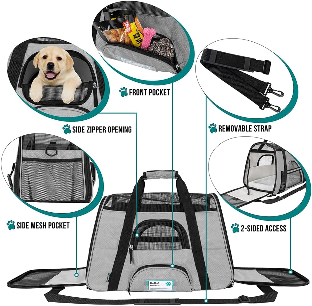 PetAmi Airline Approved Pet Carrier for Cat, Soft Sided Dog Carrier for Small Dogs, Cat Travel Supplies Accessories for Indoor Cats, Ventilated Pet Carrying Bag Medium Large Kitten Puppy, Large Gray
