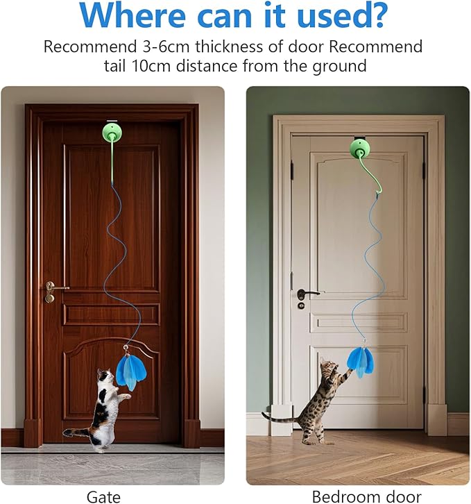 Cat Toys Interactive for Indoor, Cats Toy Hanging Door Electric for Bored,Feather Toy Kitten Rechargeable Door Hanging Automatic String with 4pcs Feather Toys(Green)