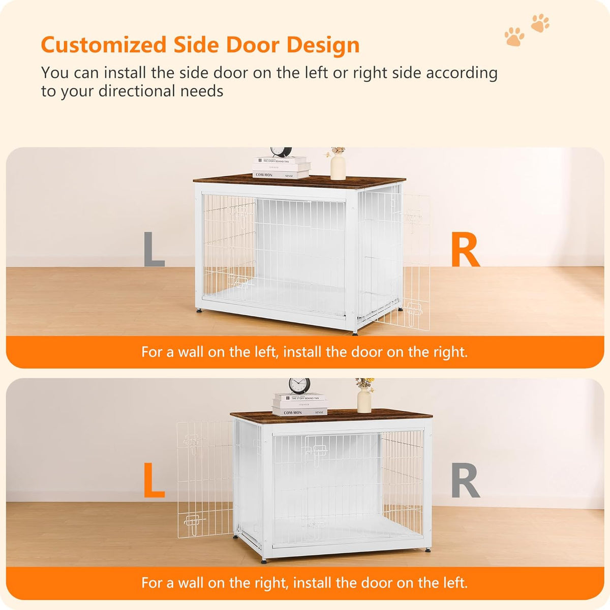 DWANTON Dog Crate Furniture with Cushion, Wooden Kennel Table with Double Doors, Indoor Dog House, Large Size, 38.5" L, White+Rustic Brown
