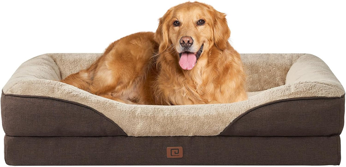 EHEYCIGA Memory Foam XL Dog Bed for XLarge Sized, Extra Large Orthopedic Dog Sofa with Sides and Waterproof Liner, Washable Bolster Pet Bed Couch with Removable Cover, 42x30x7.5 Inch, Brown