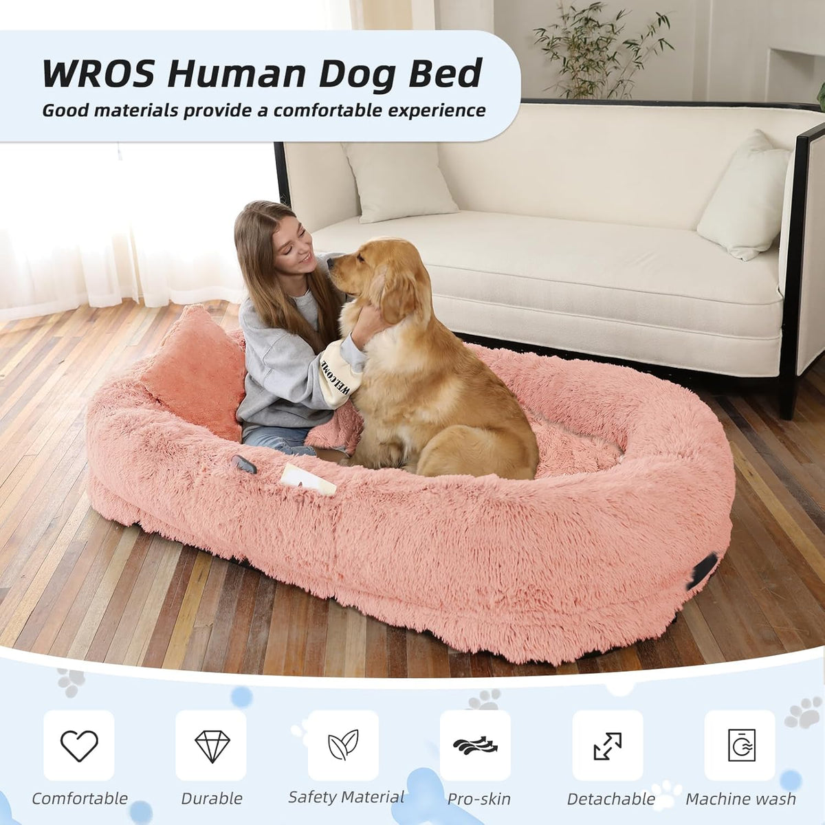 Human Dog Bed, 71''x45''x12'' Size Fits You and Pets, Washable Faux Fur Pet Bed for People Doze Off, Napping Orthopedic Dog Bed, Present Plump Pillow, Blanket, Strap - Pink